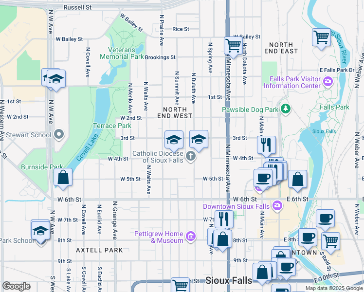 map of restaurants, bars, coffee shops, grocery stores, and more near 601 North Duluth Avenue in Sioux Falls