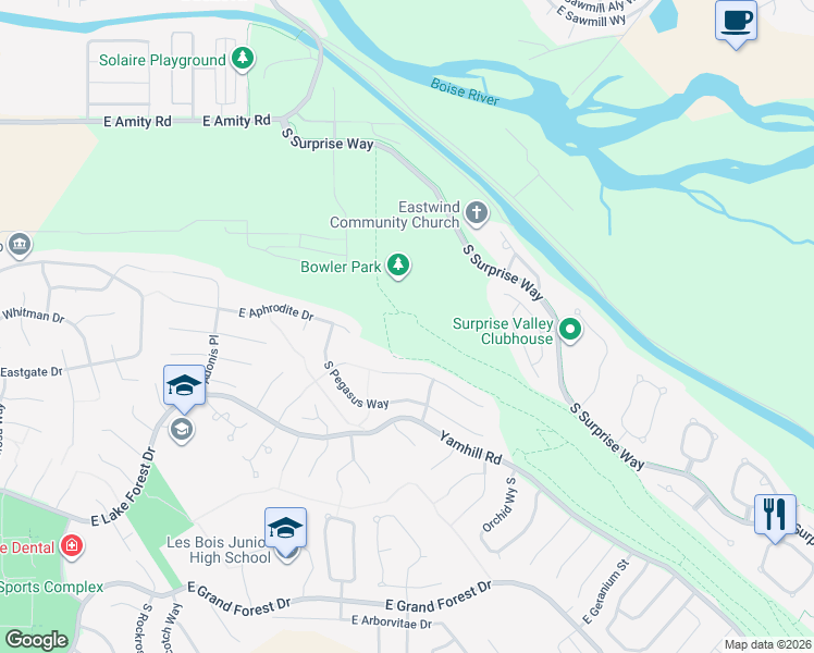 map of restaurants, bars, coffee shops, grocery stores, and more near 4432 East Flores Court in Boise