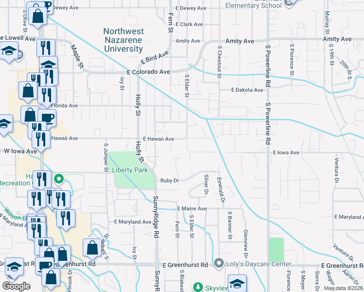 map of restaurants, bars, coffee shops, grocery stores, and more near 1512 Ruby Court in Nampa