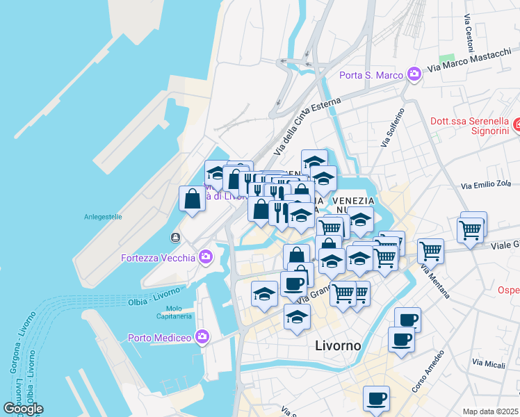 map of restaurants, bars, coffee shops, grocery stores, and more near 37 Viale Caprera in Livorno
