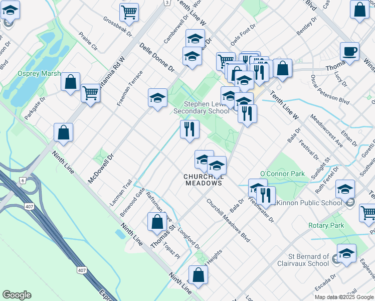 map of restaurants, bars, coffee shops, grocery stores, and more near 3652 Emery Drive in Mississauga
