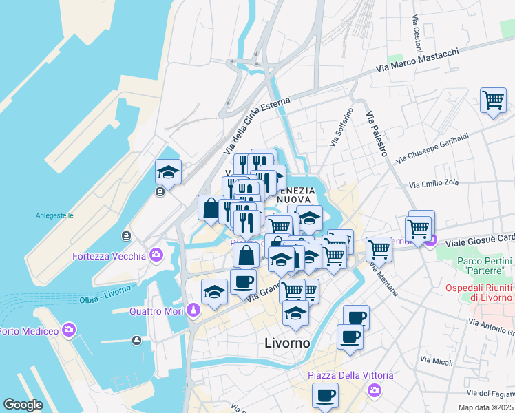 map of restaurants, bars, coffee shops, grocery stores, and more near 22 Scali del Refugio in Livorno