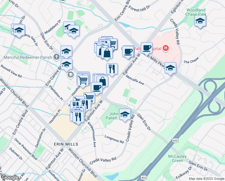 map of restaurants, bars, coffee shops, grocery stores, and more near 4655 Glen Erin Drive in Mississauga