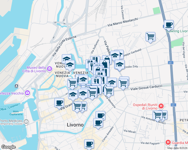 map of restaurants, bars, coffee shops, grocery stores, and more near 24 Via Giuseppe Garibaldi in Livorno