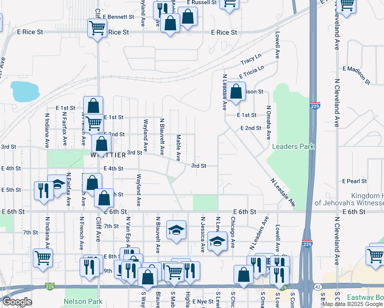 map of restaurants, bars, coffee shops, grocery stores, and more near 1601-1699 East 3rd Street in Sioux Falls