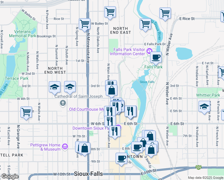 map of restaurants, bars, coffee shops, grocery stores, and more near 602 North Main Avenue in Sioux Falls