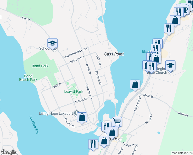 map of restaurants, bars, coffee shops, grocery stores, and more near 91 Sheridan Street in Laconia