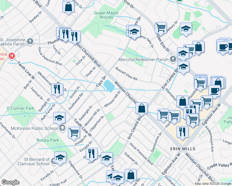 map of restaurants, bars, coffee shops, grocery stores, and more near 3029 Mission Hill Drive in Mississauga