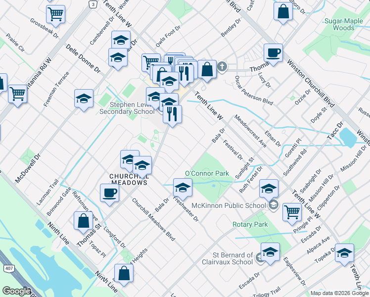 map of restaurants, bars, coffee shops, grocery stores, and more near 5630 Longboat Avenue in Mississauga