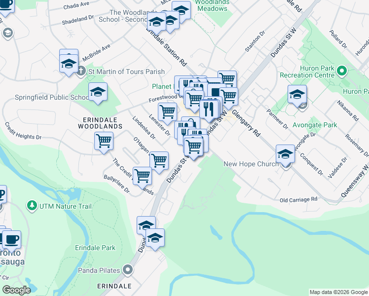 map of restaurants, bars, coffee shops, grocery stores, and more near 1219 Dundas Street West in Mississauga