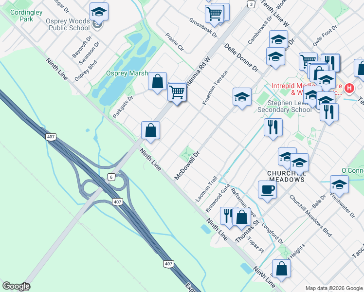 map of restaurants, bars, coffee shops, grocery stores, and more near 3907 Manatee Way in Mississauga