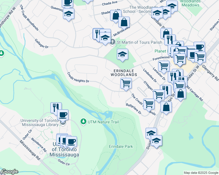 map of restaurants, bars, coffee shops, grocery stores, and more near 3211 Credit Heights Drive in Mississauga
