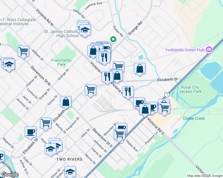 map of restaurants, bars, coffee shops, grocery stores, and more near 53 Victoria Road South in Guelph