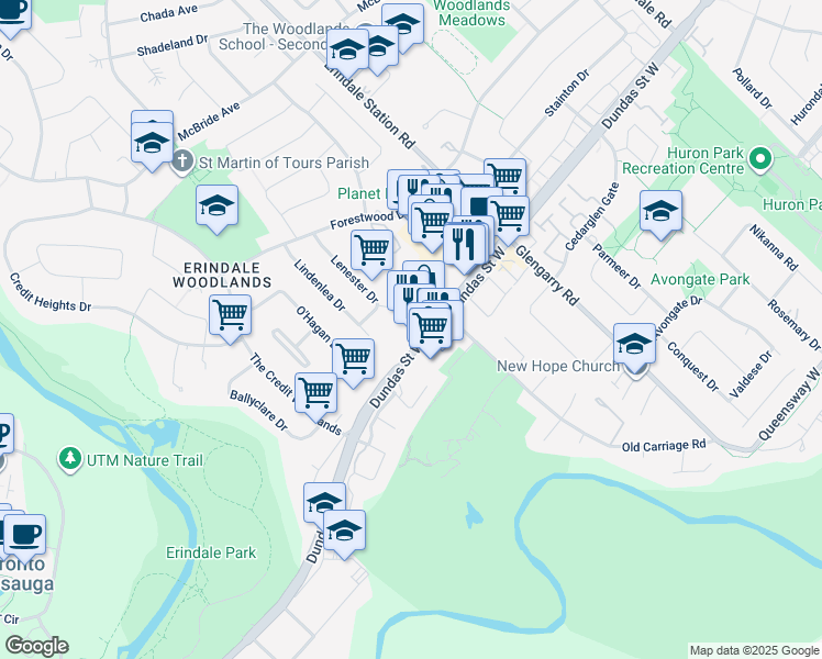 map of restaurants, bars, coffee shops, grocery stores, and more near 1219 Dundas Street West in Mississauga