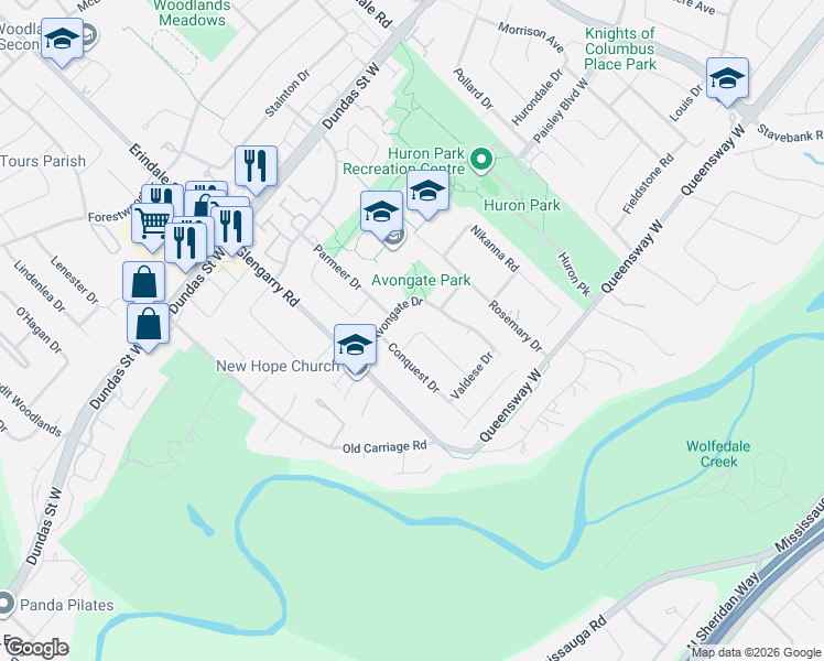 map of restaurants, bars, coffee shops, grocery stores, and more near 2427 Ravensthorpe Crescent in Mississauga