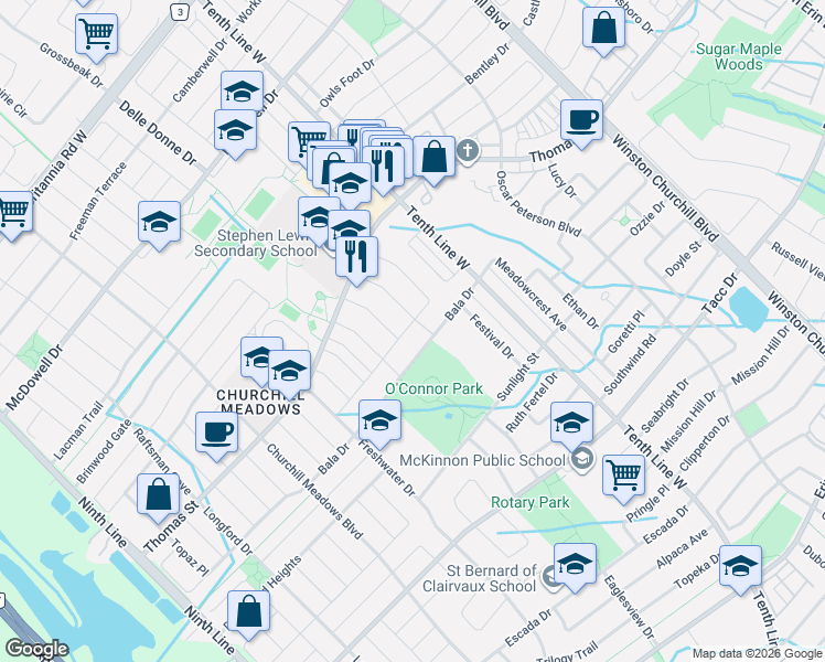 map of restaurants, bars, coffee shops, grocery stores, and more near 3492 Fountain Park Avenue in Mississauga