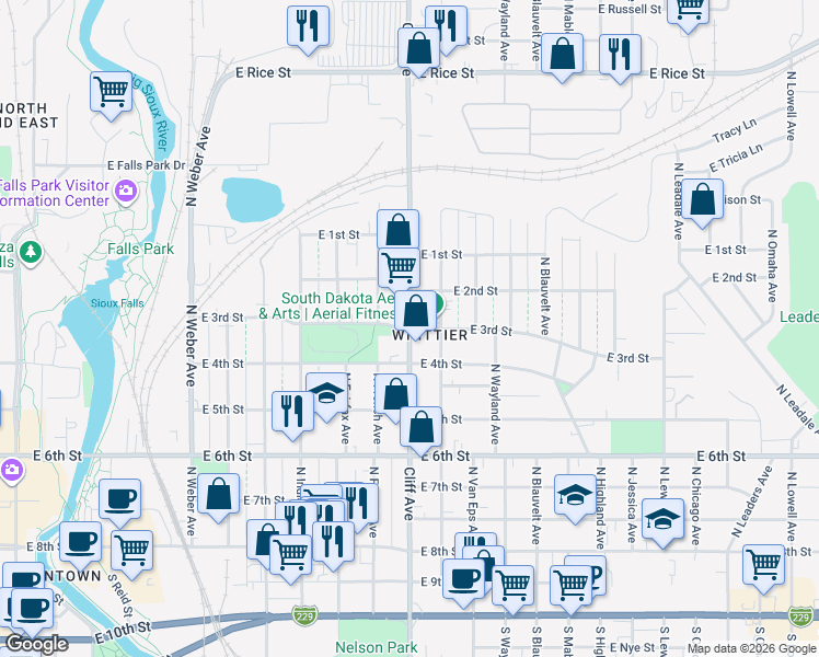 map of restaurants, bars, coffee shops, grocery stores, and more near N Cliff Ave & E 3rd St in Sioux Falls
