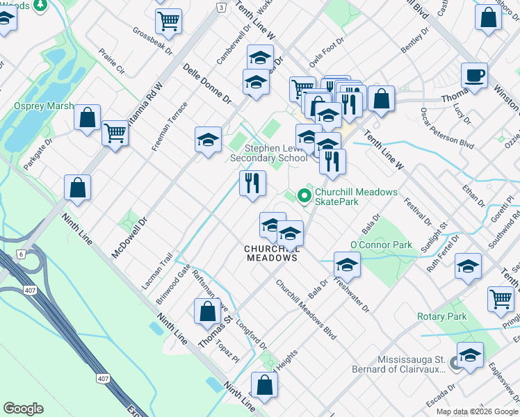 map of restaurants, bars, coffee shops, grocery stores, and more near 3617 Emery Drive in Mississauga