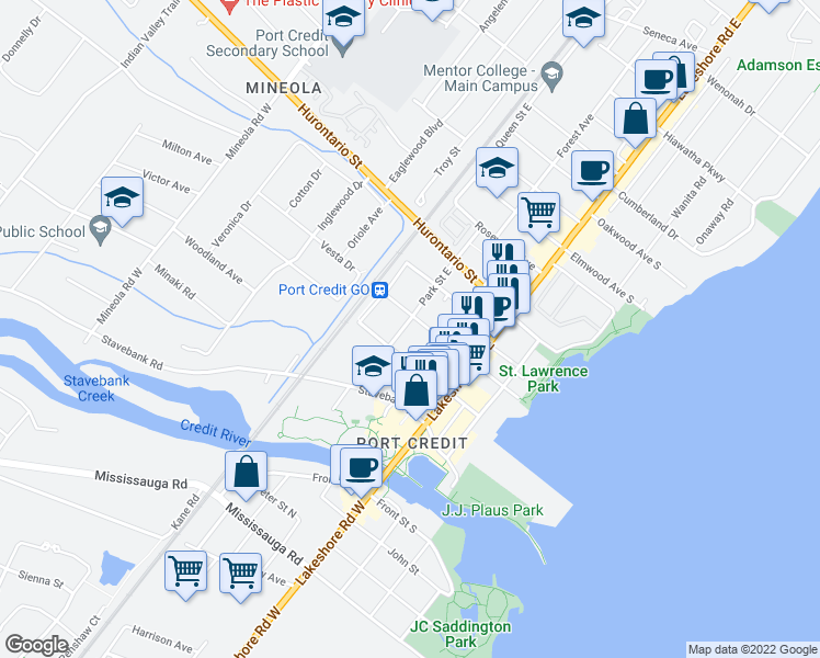 map of restaurants, bars, coffee shops, grocery stores, and more near 55 Park Street East in Mississauga