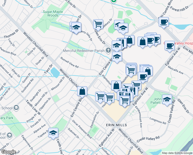 map of restaurants, bars, coffee shops, grocery stores, and more near 5100 Erin Centre Boulevard in Mississauga