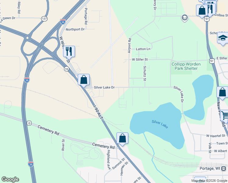 map of restaurants, bars, coffee shops, grocery stores, and more near 1030 Silver Lake Drive in Portage