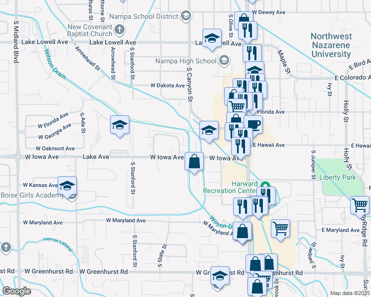 map of restaurants, bars, coffee shops, grocery stores, and more near 1412 South Edgewater Circle in Nampa