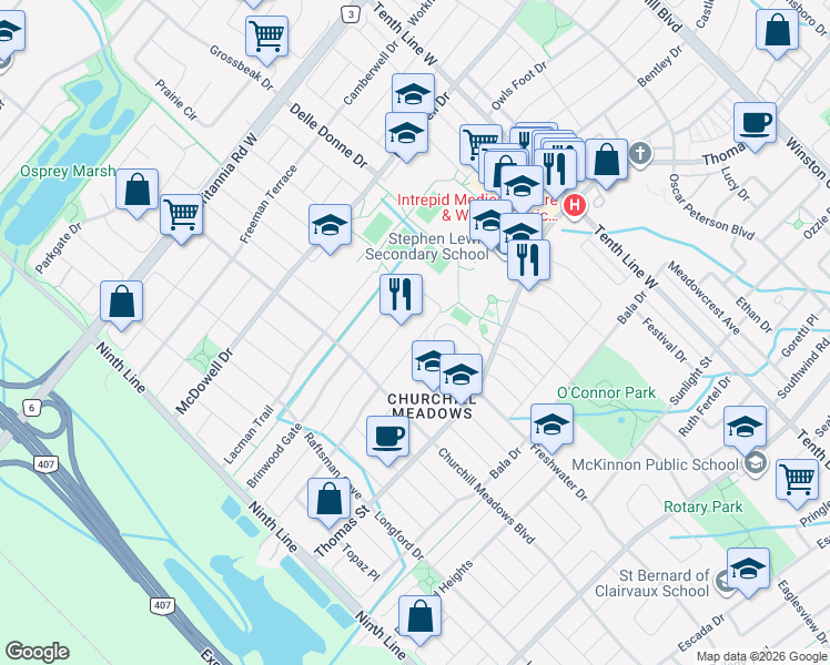 map of restaurants, bars, coffee shops, grocery stores, and more near 3472 Jorie Crescent in Mississauga