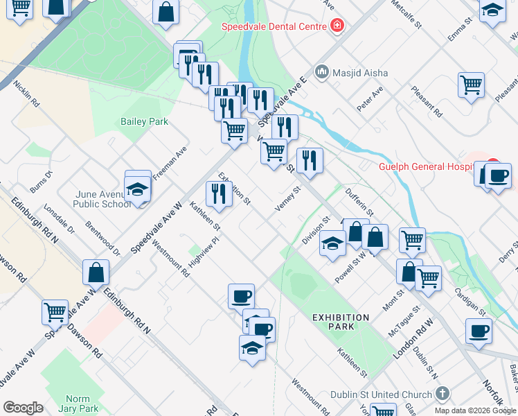 map of restaurants, bars, coffee shops, grocery stores, and more near 297 Exhibition Street in Guelph