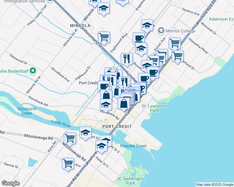 map of restaurants, bars, coffee shops, grocery stores, and more near 55 Park Street East in Mississauga