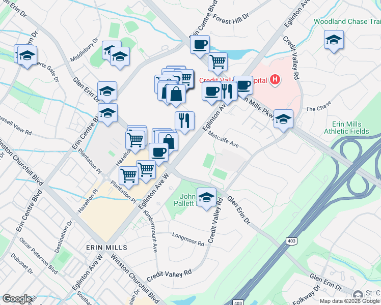 map of restaurants, bars, coffee shops, grocery stores, and more near 4699 Glen Erin Drive in Mississauga