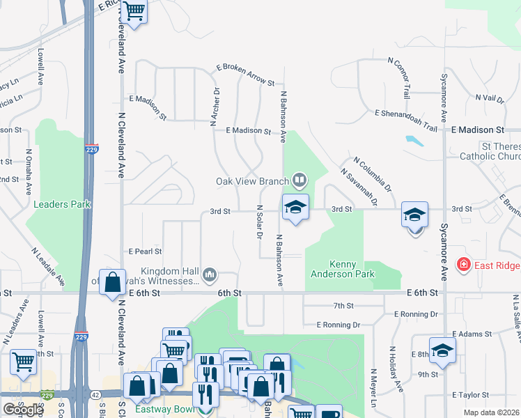 map of restaurants, bars, coffee shops, grocery stores, and more near 710 North Solar Drive in Sioux Falls