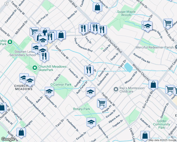 map of restaurants, bars, coffee shops, grocery stores, and more near Meadowcrest Avenue in Mississauga