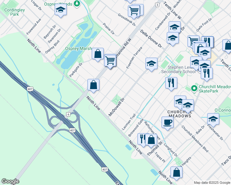 map of restaurants, bars, coffee shops, grocery stores, and more near 3893 Manatee Way in Mississauga