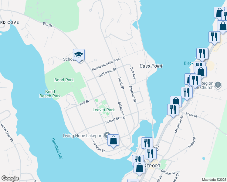 map of restaurants, bars, coffee shops, grocery stores, and more near 181 Belvidere Street in Laconia