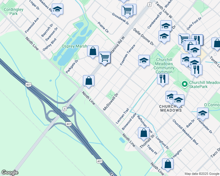 map of restaurants, bars, coffee shops, grocery stores, and more near 3863 Manatee Way in Mississauga