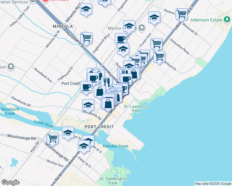 map of restaurants, bars, coffee shops, grocery stores, and more near 8 Ann Street in Mississauga