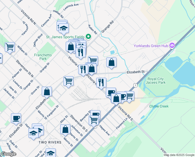 map of restaurants, bars, coffee shops, grocery stores, and more near 400 Elizabeth Street in Guelph