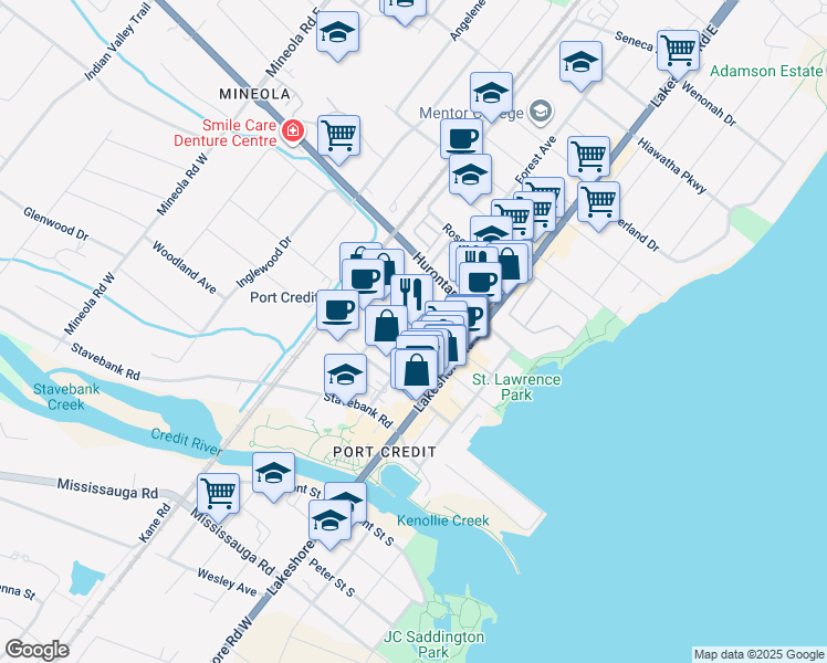map of restaurants, bars, coffee shops, grocery stores, and more near 66 High Street East in Mississauga