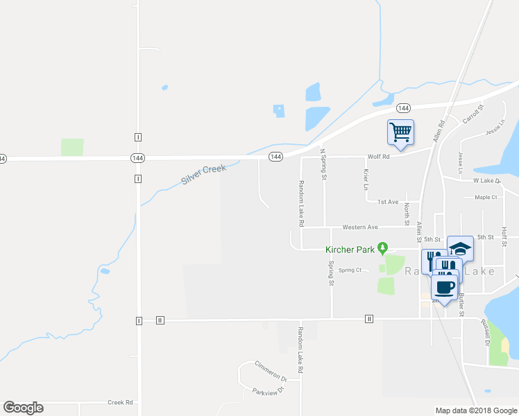 map of restaurants, bars, coffee shops, grocery stores, and more near 605 Random Lake Road in Random Lake