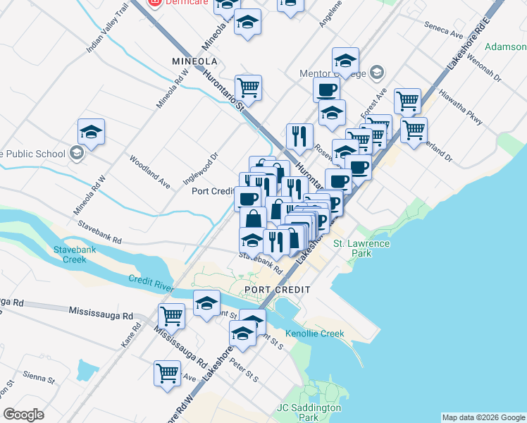 map of restaurants, bars, coffee shops, grocery stores, and more near 52 Park Street East in Mississauga