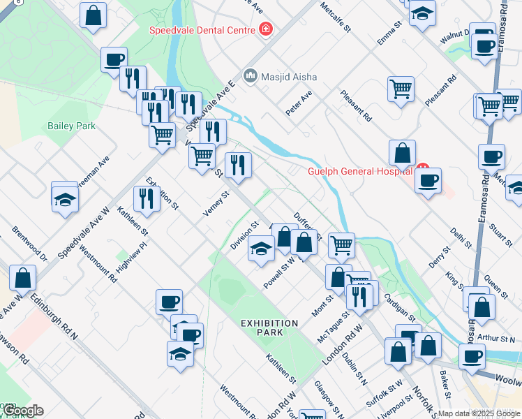 map of restaurants, bars, coffee shops, grocery stores, and more near 507 Woolwich Street in Guelph