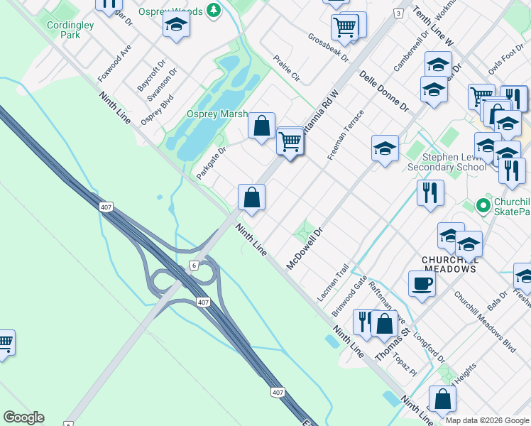 map of restaurants, bars, coffee shops, grocery stores, and more near Coachman Circle in Mississauga