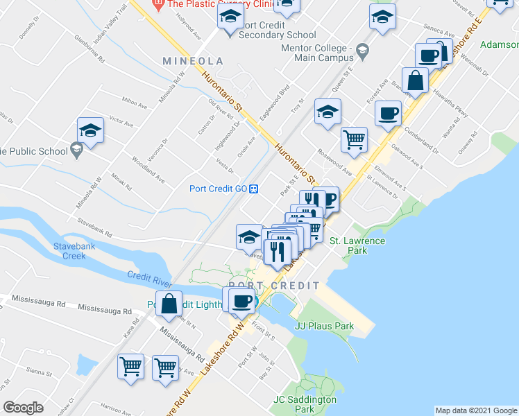 map of restaurants, bars, coffee shops, grocery stores, and more near 52 Park Street East in Mississauga