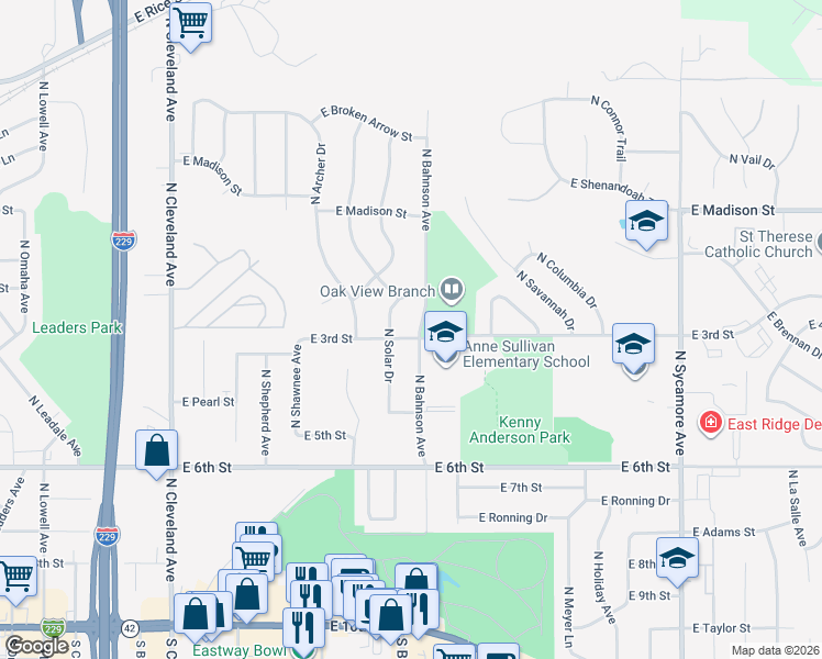 map of restaurants, bars, coffee shops, grocery stores, and more near 710 North Solar Drive in Sioux Falls