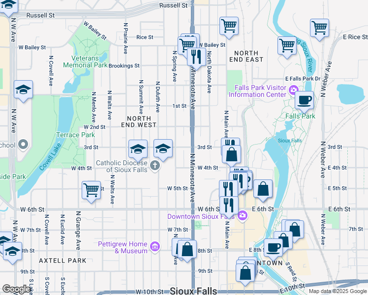 map of restaurants, bars, coffee shops, grocery stores, and more near 401 West 2nd Street in Sioux Falls