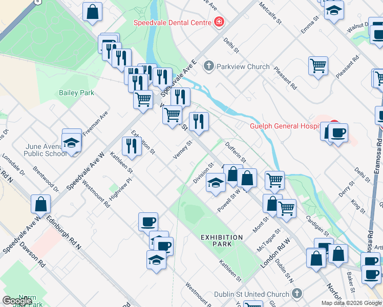 map of restaurants, bars, coffee shops, grocery stores, and more near 524 Woolwich Street in Guelph