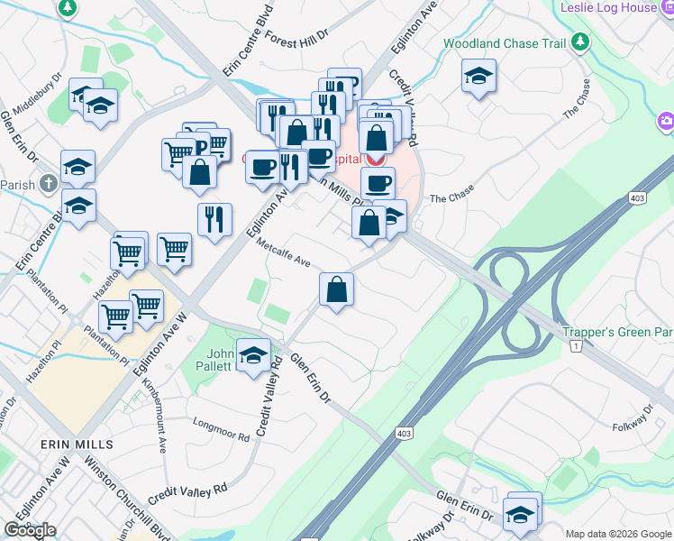 map of restaurants, bars, coffee shops, grocery stores, and more near 2325 Credit Valley Road in Mississauga