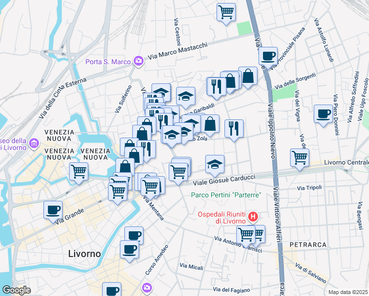 map of restaurants, bars, coffee shops, grocery stores, and more near 2 Via Emilio Zola in Livorno