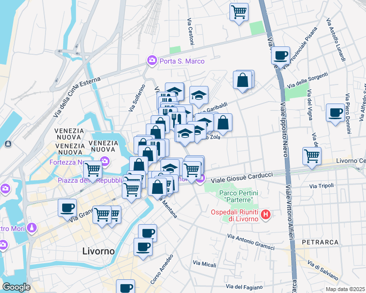 map of restaurants, bars, coffee shops, grocery stores, and more near 68 Via Galileo Galilei in Livorno