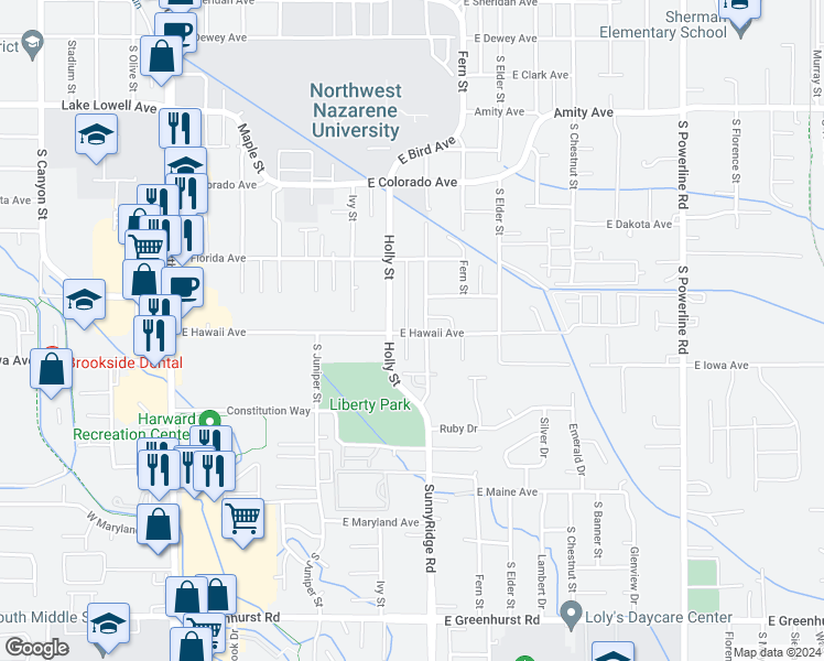 map of restaurants, bars, coffee shops, grocery stores, and more near 718 East Hawaii Avenue in Nampa